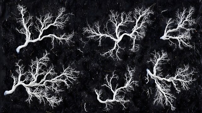 White fungal mycelium network growing in black soil top view macro organic biology sustainable mushroom root system structure