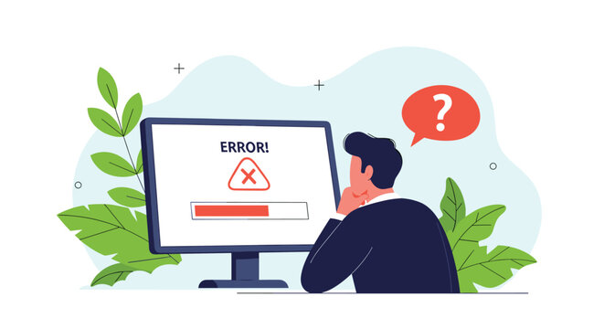 Confused businessman looking at a computer screen with a system error message, illustrating a technical problem or failure.