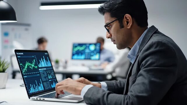 Financial Analyst Reviewing Stock Market Data - A sharp looking financial analyst reviews stock market data charts and graphs on a laptop computer.