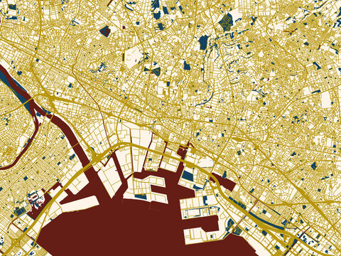 Flat city map of Honcho, Japan in cream map with gold lines