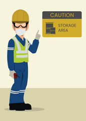 Industrial Safety Worker Pointing to Caution Storage Area Sign in Warehouse Environment