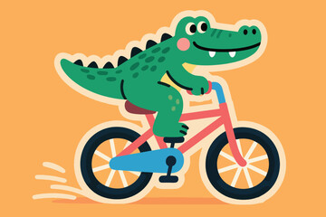 Naklejka premium Cartoon green crocodile riding pink bicycle with blue details on orange background with motion lines.
