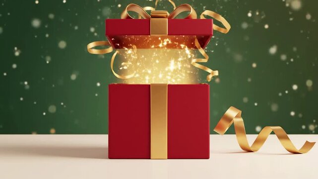 Red gift box with gold ribbon on a snowy background.