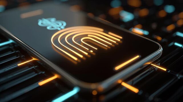 Digital fingerprint glowing smartphone screen showing secure value creation technology security