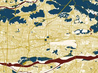 Naklejka premium Abstract city map of Kakamigahara, Japan with gold street network with deep red water