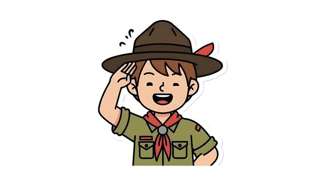 Boy Scout Saluting Wearing Brown Hat Green Uniform Red Neck Scarf