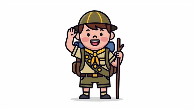 Boy Scout Holding Stick Waving with Backpack and Hiking Hat