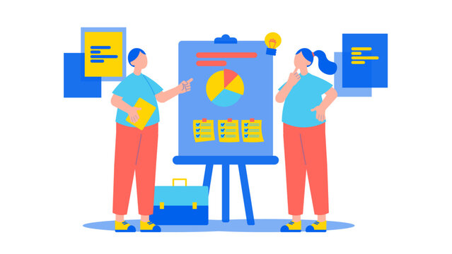 A businessman presenting strategic goals and pie charts on a flipchart to a female colleague in a flat design style