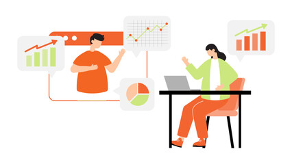 Fototapeta premium Colleagues working remotely and sharing data insights through virtual screens and video conferencing