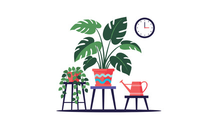 Fototapeta premium Collection of stylish houseplants, including a monstera, on stands with a watering can and clock, creating a cozy urban jungle.