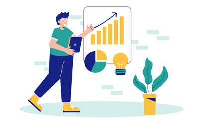Businessman presenting a professional growth chart and pie diagram during a corporate meeting