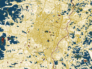 Fototapeta premium Modern graphic street map of Koriyama, Japan, with minimal ivory map base with golden roads and dark red water bodies in a modern flat style