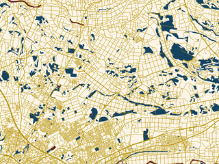 Flat city map of Koshi, Japan &mdash; rich red water shapes with ivory land and golden street network accents