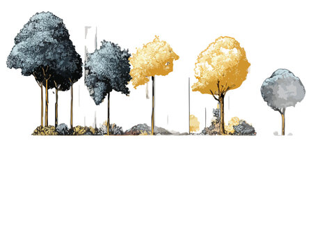 Mehrere B&auml;ume mit unterschiedlichen Kronenformen und Farben, transparent f&uuml;r Designzwecke