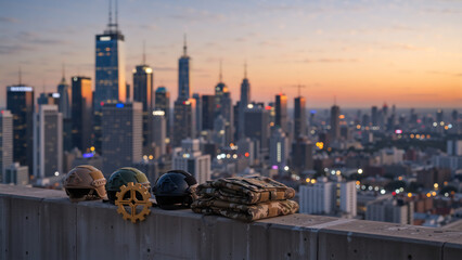 Tactical military gear on a rooftop ledge overlooking a city skyline at sunset. Ballistic helmets and camouflage uniform in an urban environment. Defense and security concept