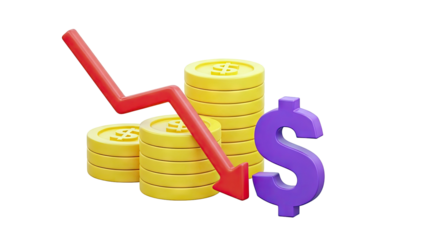 Financial Decline: Downward Arrow, Coins, and Dollar Sign