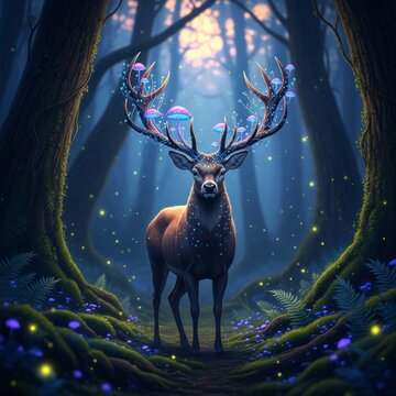 Majestic deer in enchanted forest fantasy scene glowing with mystical lights