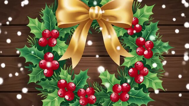 Christmas wreath with holly and red berries on wooden background with snow.