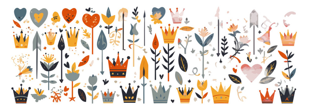 Bunte Vektorgrafiken von Kronen, Herzen und Blumen auf transparentem Hintergrund f&uuml;r Designzwecke.