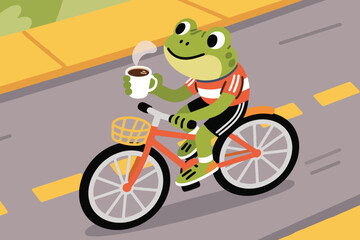 Fototapeta premium Cartoon frog in striped shirt riding bicycle with coffee cup on road with yellow lines and grassy background.