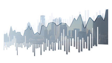 A gray and white graph with a cityscape in the background on a white background