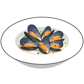 Gourmet Steamed Mussels in Shells Served on a White Plate, Seafood Dish Vector Illustration