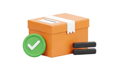 Package delivery confirmation with checkmark and equals sign