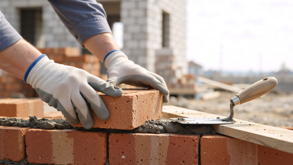 Construction worker laying red bricks for a wall. Masonry work with mortar and trowel on a building site. Professional bricklayer building a house