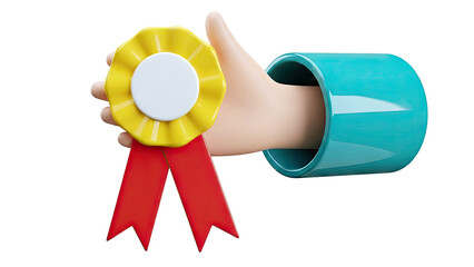 Hand presenting a gold and red ribbon award