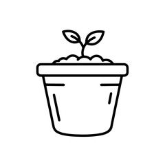 Simple line icon of a growing seedling in a flower pot, representing planting, gardening, growth, nature, and successful development concept vector illustration.