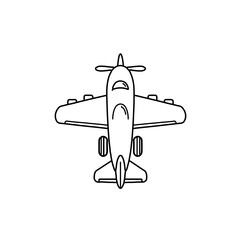 Outline illustration of a generic propeller airplane viewed from above, representing air travel, aviation, and global transportation icon.