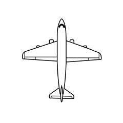 Commercial Airplane or Jet Aircraft Top View Outline Icon. Simple Black and White Vector Line Art Illustration of an Airliner for Travel and Aviation Transportation.