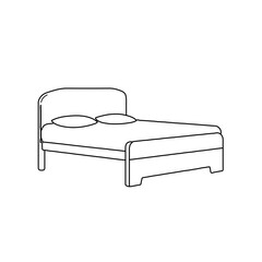 Minimalist Line Art Outline Icon of a Double Bed. Vector Illustration of Home or Hotel Bedroom Furniture for Sleep and Relaxation.