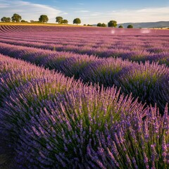 Fototapeta premium Vast lavender field in bloom under a clear sky during daytime with copy space