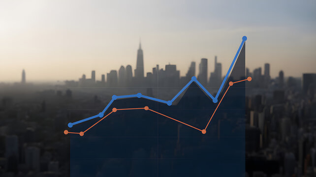 A graph showing a steady increase in growth over time with a city skyline in the background at sunset - Powered by Adobe