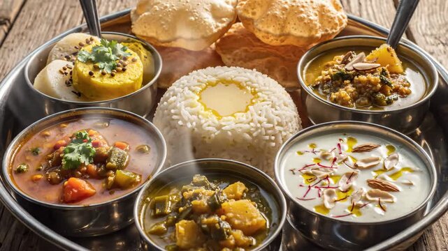 Assorted Indian Thali Meal - This video shows a traditional Indian thali, a complete meal served on a round platter with an assortment of dishes.