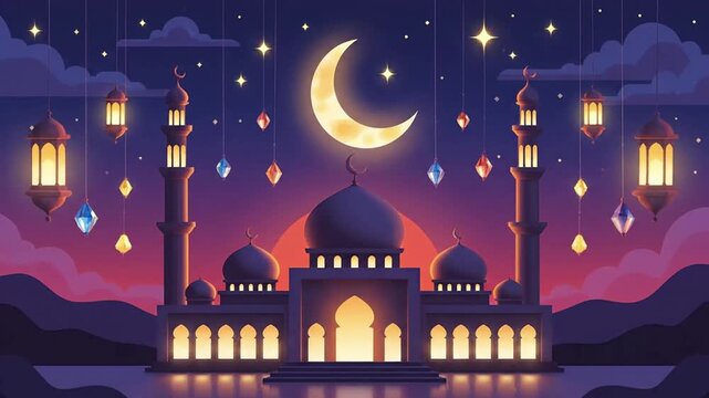 Islamic Mosque with Crescent Moon and Lanterns at Night.