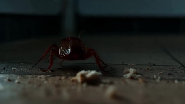 Cockroach Eating Food Crumbs on Dirty Floor Macro Close Up