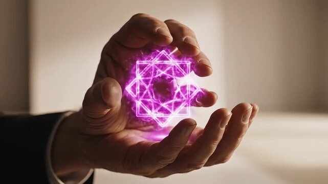 Glowing Geometric Shape in Hands - A pair of human hands gently cup a glowing, complex geometric shape of light. The light is bright pink and appears to float above the palm of the hand.