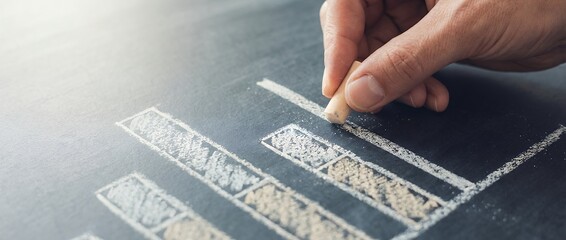Close up of a human hand drawing an increasing bar chart with white chalk on a textured dark chalkboard surface with bright light bar graph business finance data success analysis growth