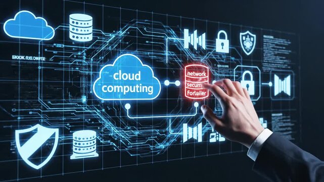 Cloud Computing Interface Concept - A hand in a suit touches a cloud computing interface with various icons representing security, databases, and networks.