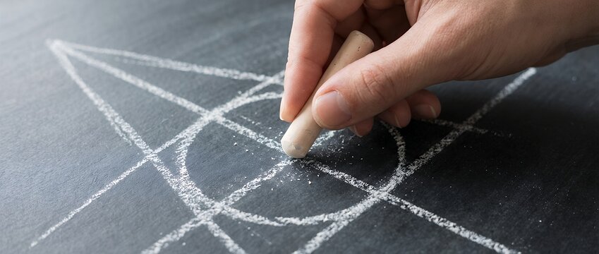 Close up view of a hand drawing geometric shapes like a circle and intersecting lines onto a dark slate chalkboard surface with white chalk geometry learning mathematics education adult - Powered by Adobe