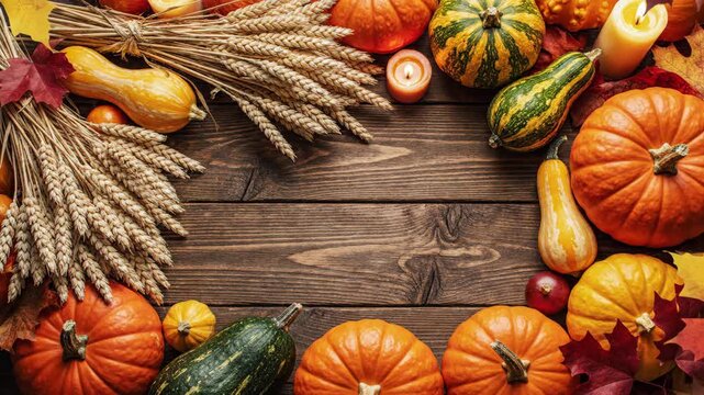 Autumn Harvest Still Life on Wood - A rustic wooden table is arranged with an assortment of autumn harvest items, including pumpkins, gourds, wheat, candles and colorful fall leaves.