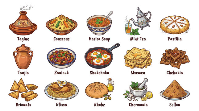 Assorted Traditional Cuisine Illustrations Featuring Tagine, Couscous, Harira, Mint Tea, Pastilla, Tajine, Zaalouk, Chakchouka, Msemen, Chhiwati, Briouats, Rfissa, Khobz, Cheremla, Sellou on Display