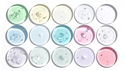 15 circles of colorful, translucent skincare serums