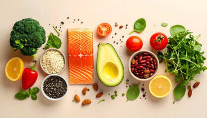 Delicious flat lay of fresh, nutritious ingredients, perfect for a balanced diet and healthy living, promoting wellness through wholesome food choices and vibrant natural produce