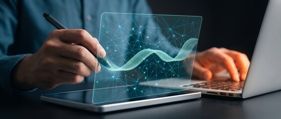 Close up of a business person using a stylus to draw a rising digital data trend line on a futuristic transparent screen connected to a modern laptop computer technology analysis chart