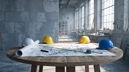 Architectural blueprints and hard hats on a wooden table in a construction site. Engineering project planning with safety helmets and tape measure. Industrial renovation concept