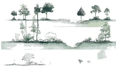 Ilustraci&oacute;n de acuarela de &aacute;rboles y vegetaci&oacute;n en diferentes capas, con fondo transparente.