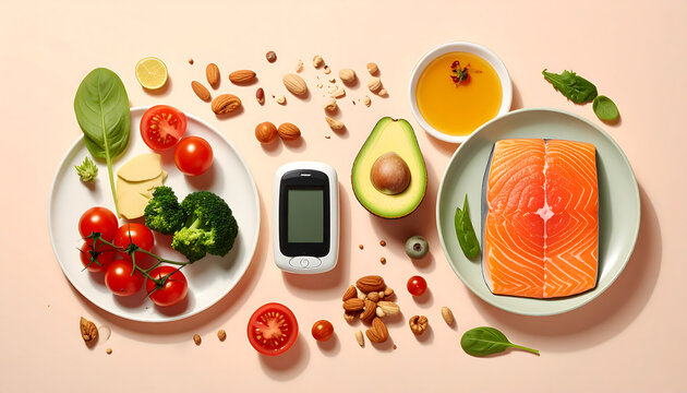 Flat lay of diabetes-friendly foods and a glucose meter, featuring salmon, vegetables, and healthy fats for balanced nutrition and blood sugar control - Powered by Adobe